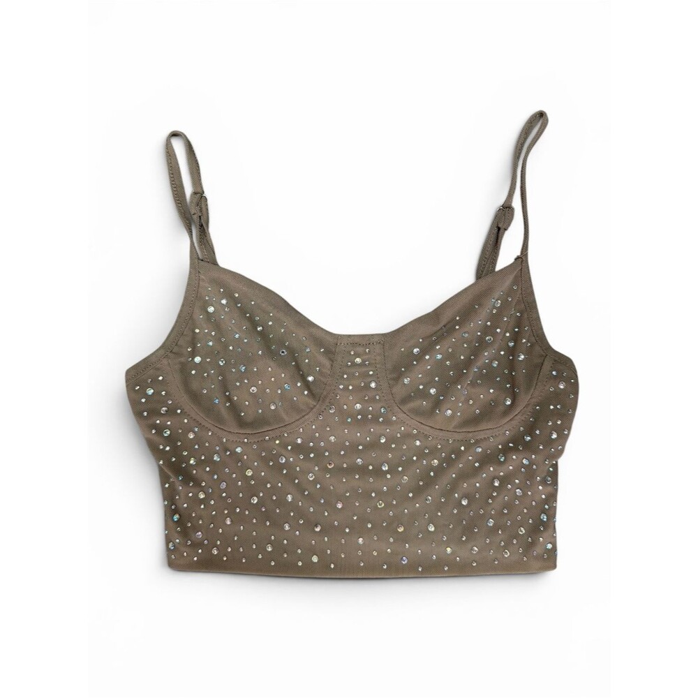SALTY Brown Sheer Mesh Rhinestone Crop Top Size Small